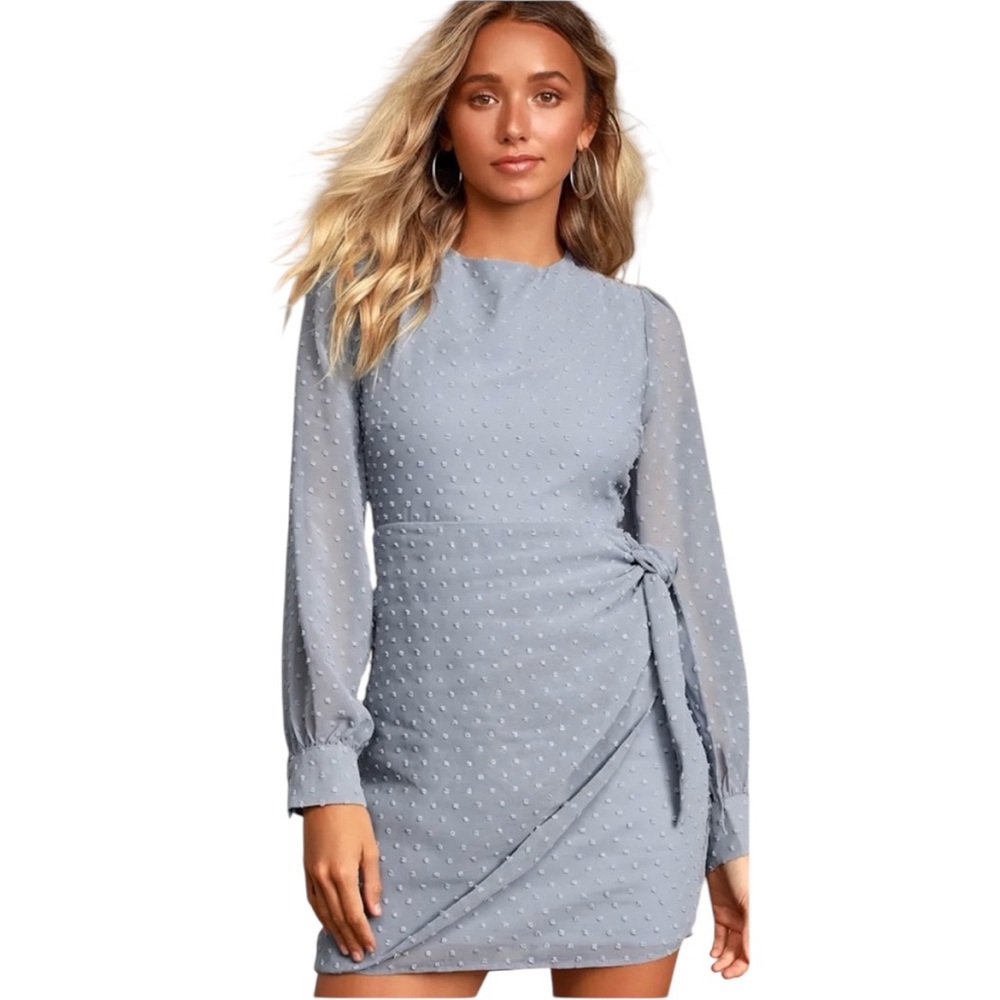 Lulus Much Love Light Blue Swiss Dot Long Sleeve Tie Front Mini Dress Medium